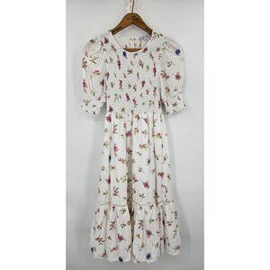 Yakira Bella Smocked Dress Womens XS White Floral Short Sleeve Rayon